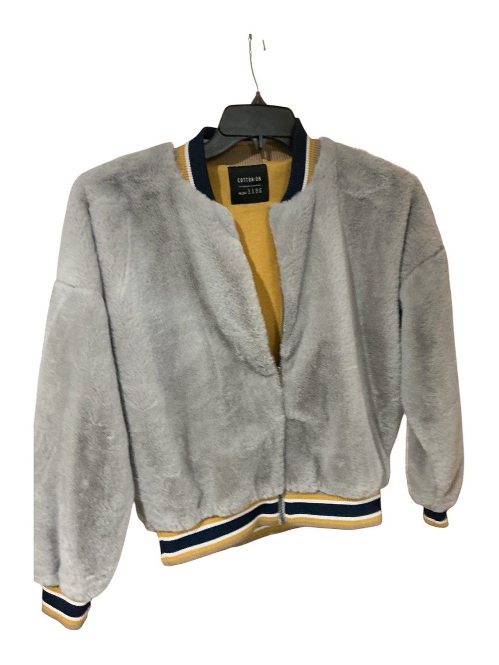 Women’s Cotton On Light Gray Plush Bomber Jacket with Navy & Mustard Trim
